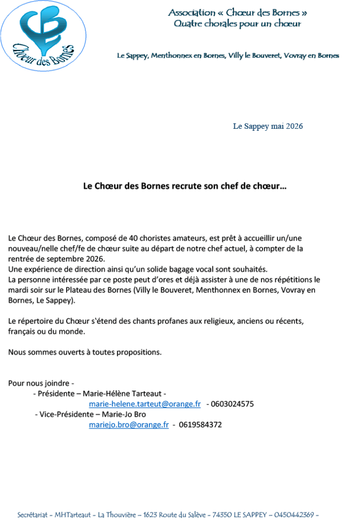 Le Choeur des Bornes recrute son chef de choeur