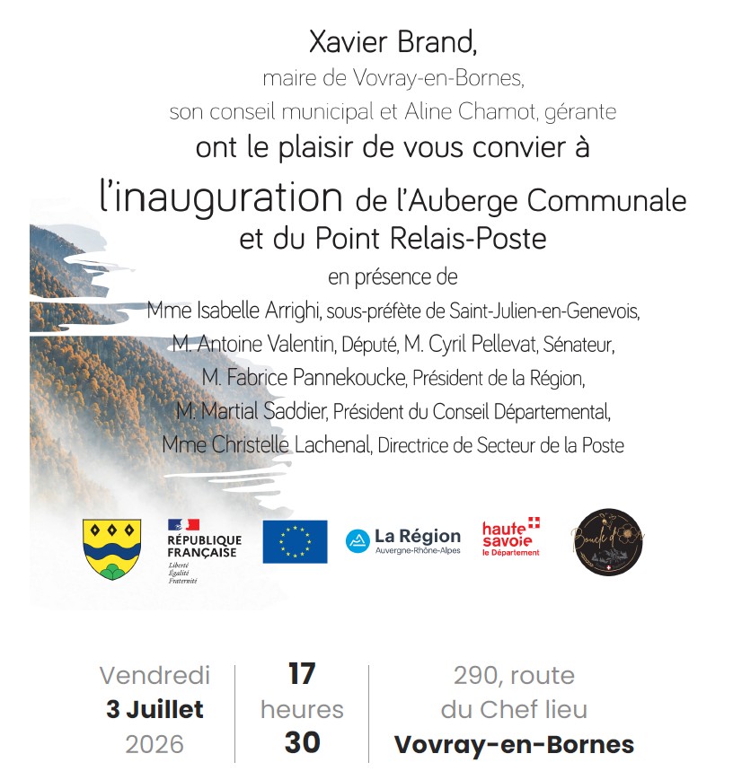 Inauguration de l'auberge communale le vendredi 3 juillet 2026 à 17h30