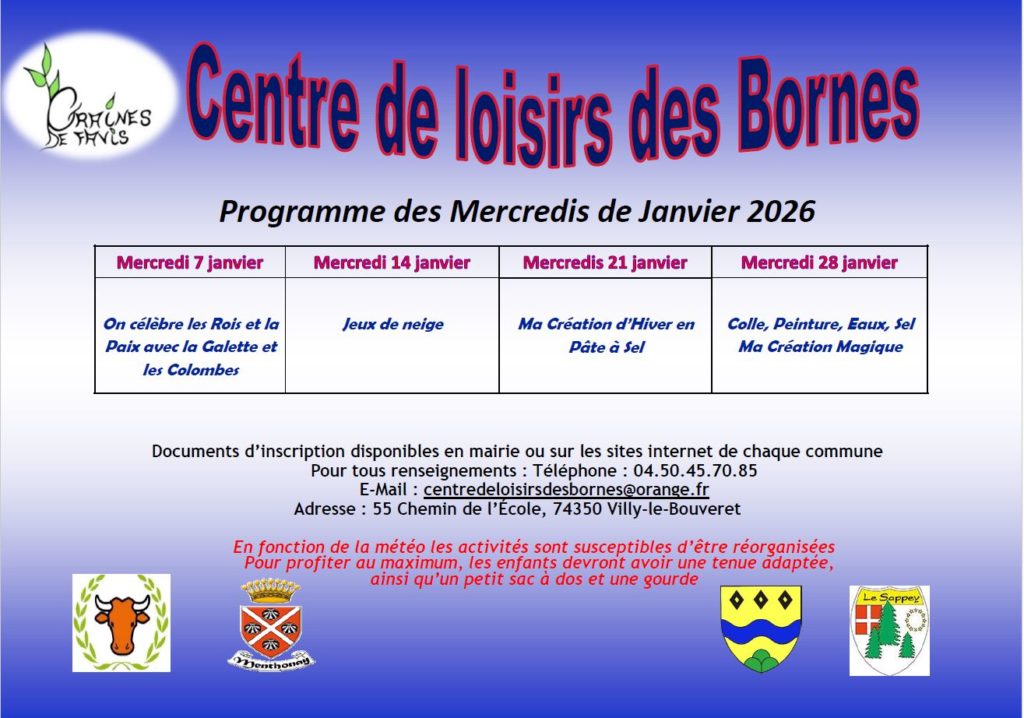 Centre de Loisirs des Bornes : programme des mercredis de janvier 2026.
