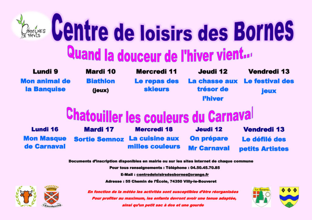Centre de Loisirs des Bornes : programme des vacances de février 2026.