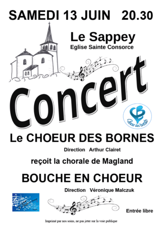 Concert du Choeur des Bornes le 13 juin 2026 en l'église du Sappey